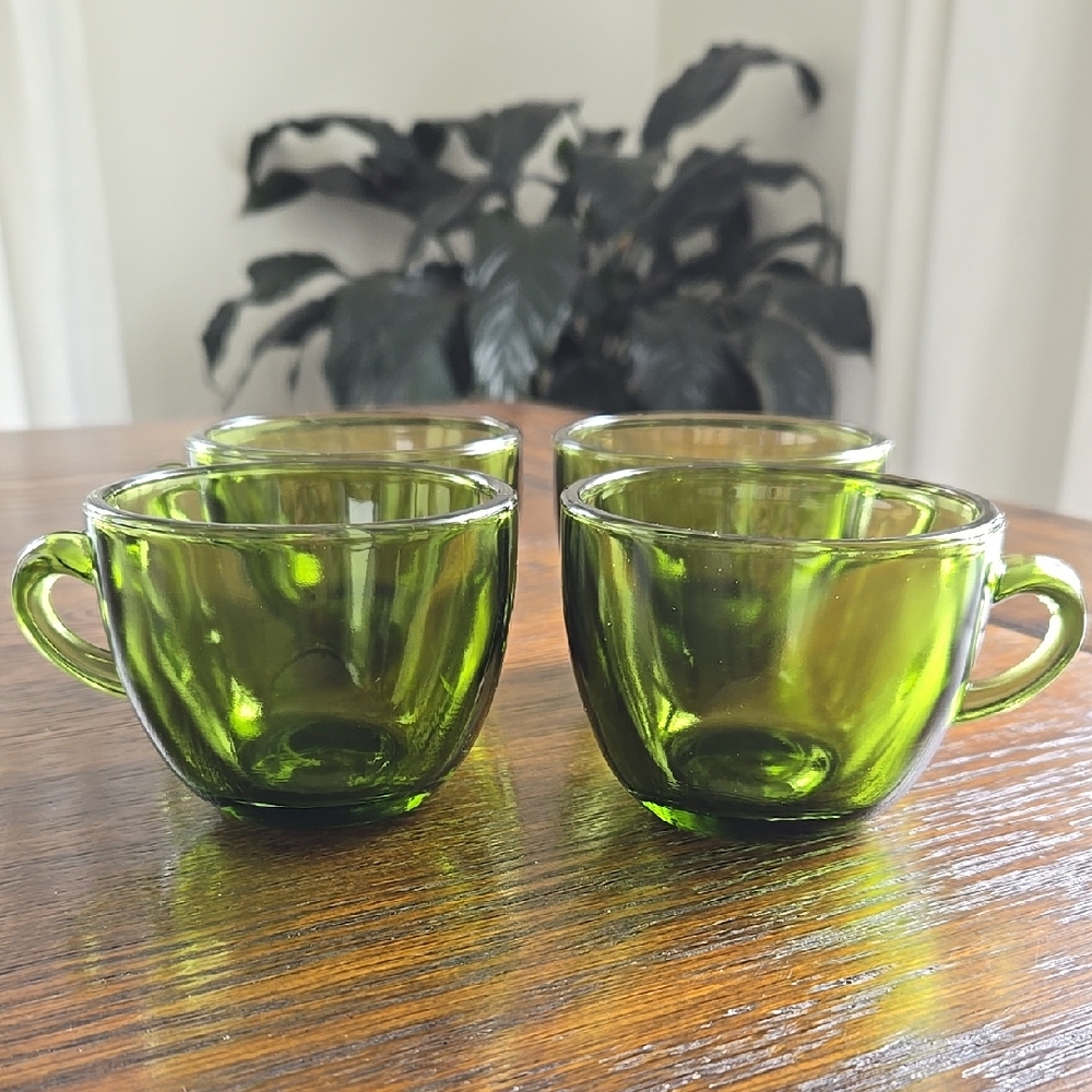 Vintage Indiana Glass Sunburst Mid-Century Olive Green Glass Cups